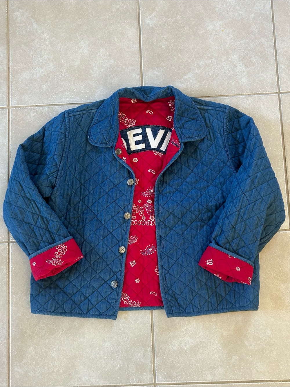 Reversible, Vintage, Quilted, Blue and Red Bandana Jacket